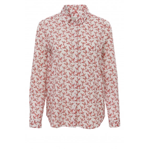 Hemdkragen-Bluse mit Vogel-Muster /