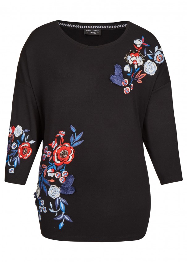 Feminines Shirt mit Stickereien schwarz multicolor Frontansicht