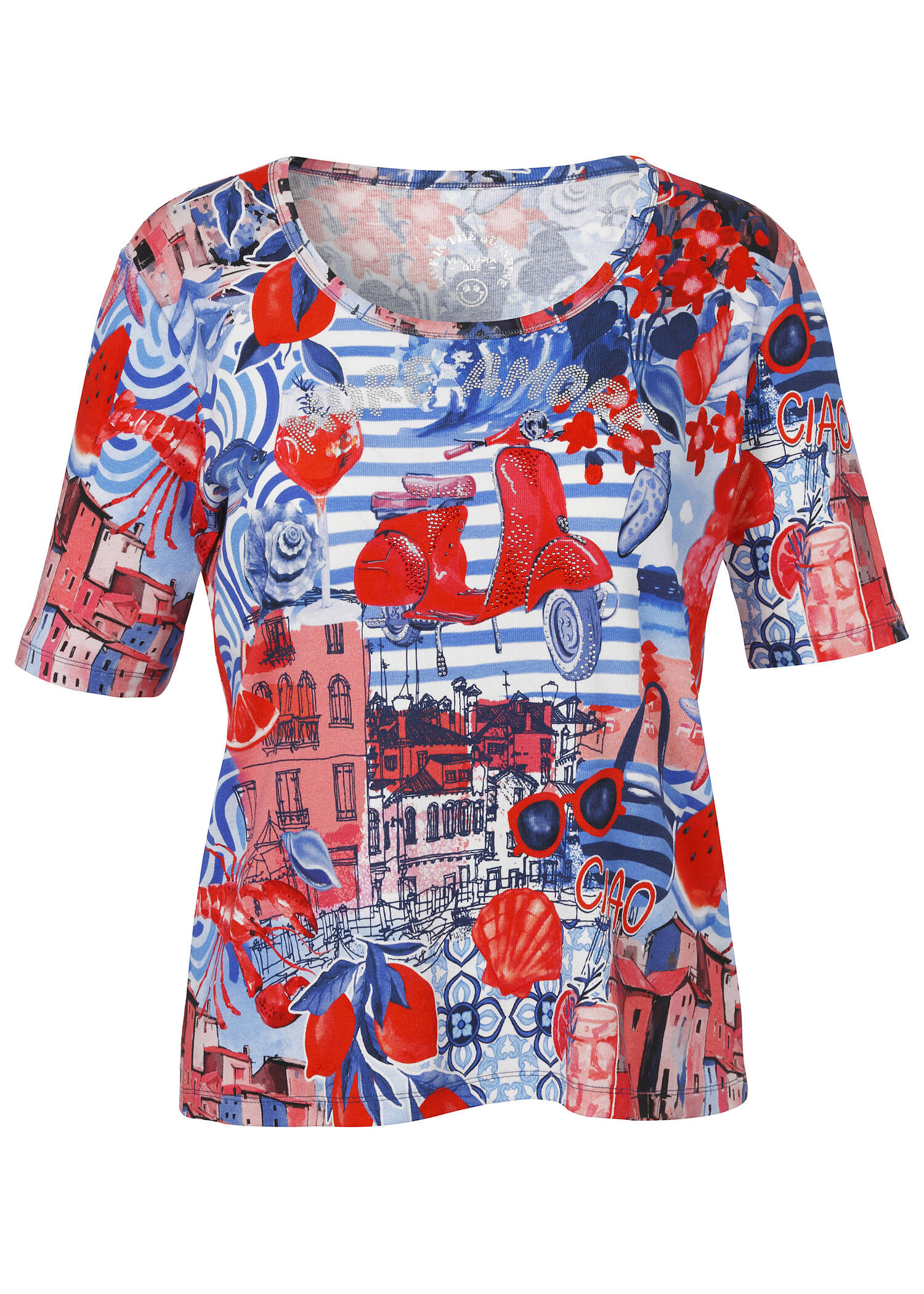 Fein geripptes Halbarm-Shirt mit Italian Print /
