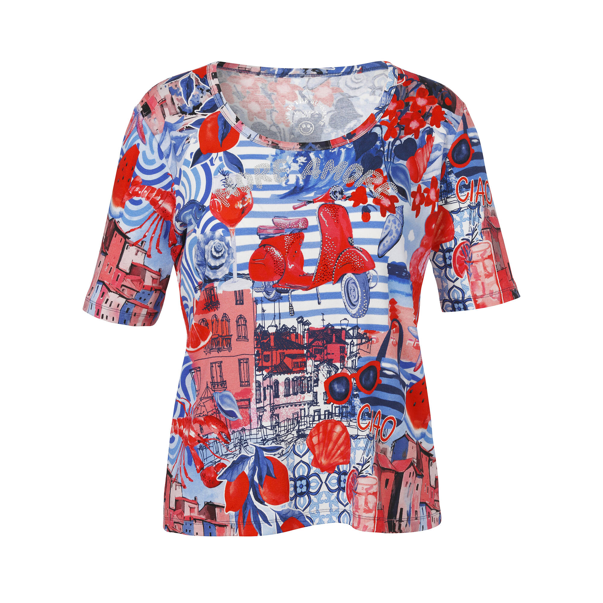 Fein geripptes Halbarm-Shirt mit Italian Print