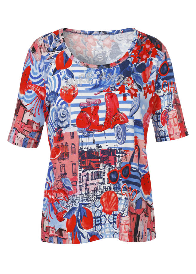 Fein geripptes Halbarm-Shirt mit Italian Print / 