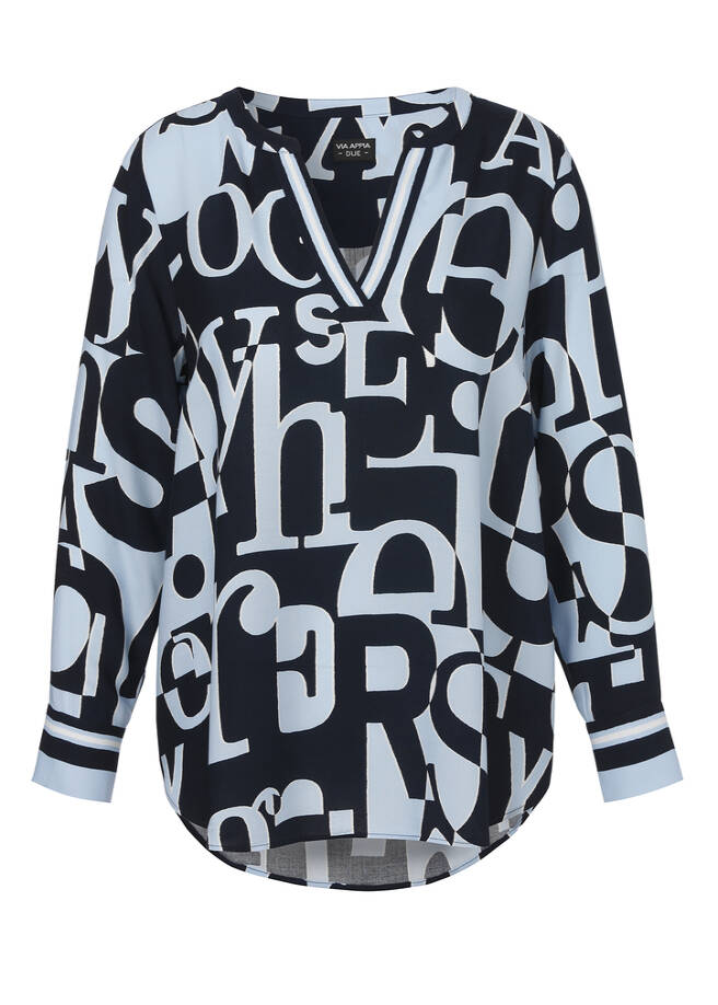 Bicolor Print Viskose Bluse Eisblau - Marine / 