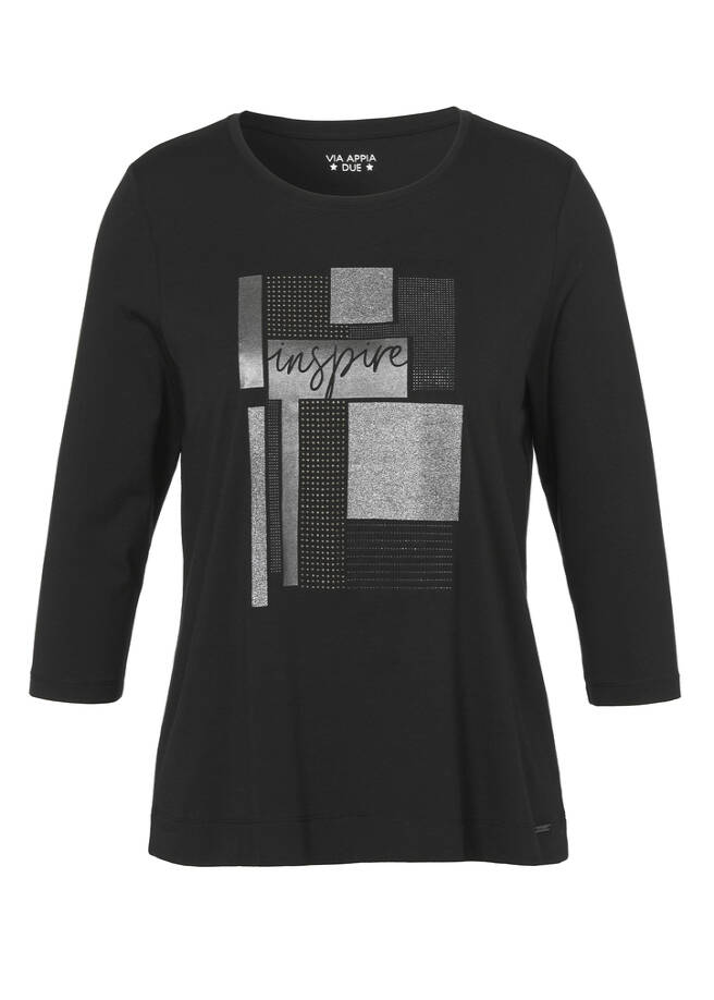 Supersoftes 3/4-Arm Shirt mit Silber-Motiv schwarz Frontansicht