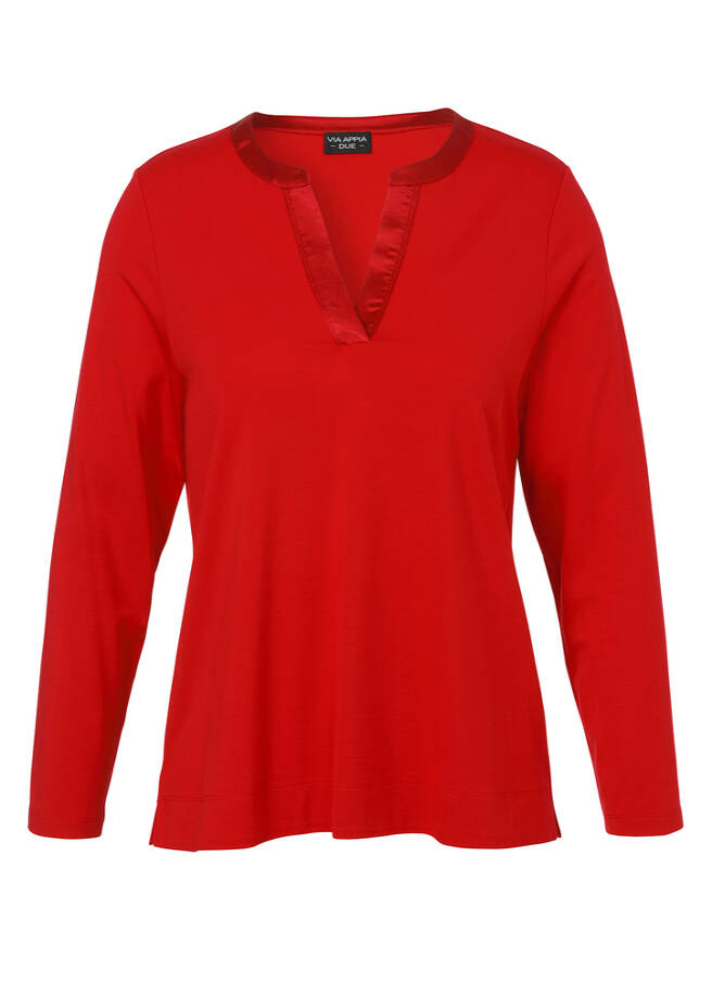 Langarm-Jersey-Shirt mit Satin-Ausschnitt rot Frontansicht