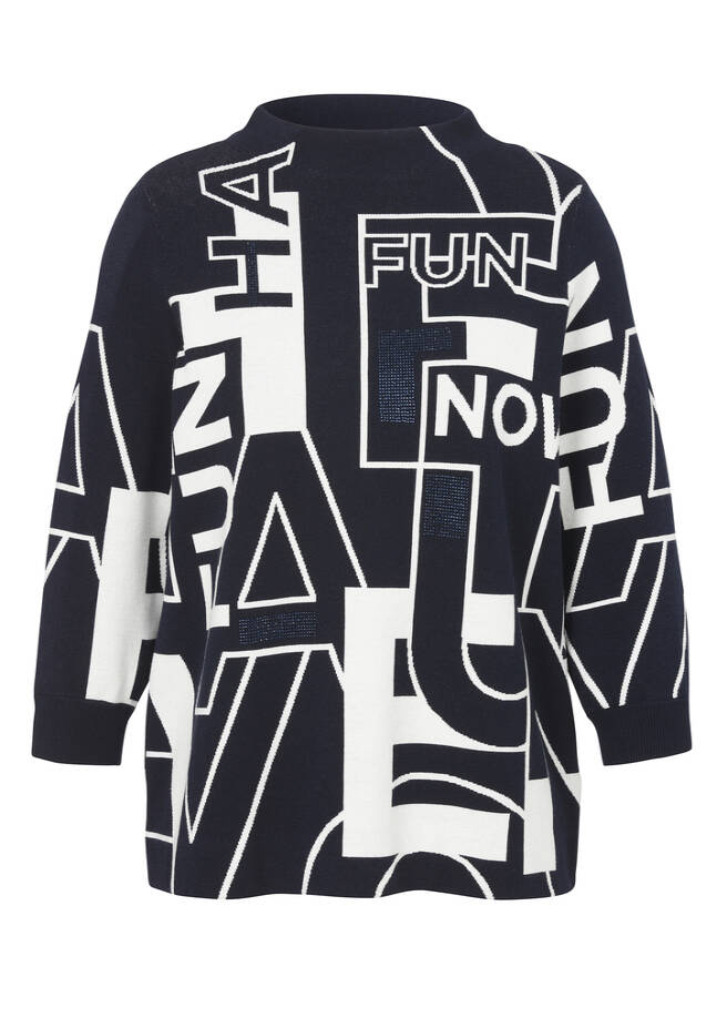 Kelchkragen Feinstrick-Pullover Marine mit Print dunkelblau / creme Frontansicht