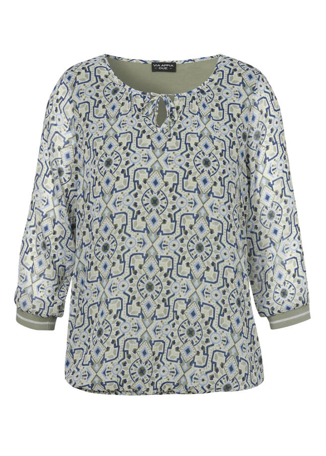 Feminine 3/4-Arm Print Bluse mit Gummizugbund salbei multicolor Frontansicht