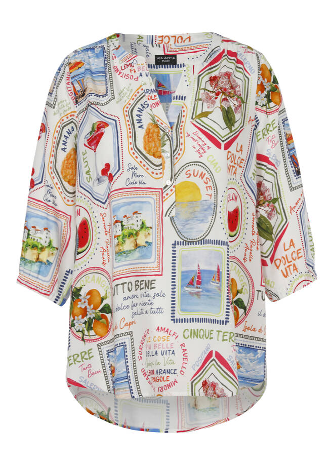 Leichte Bluse mit V-Ausschnitt und grafischem Muster ecru multicolor Frontansicht