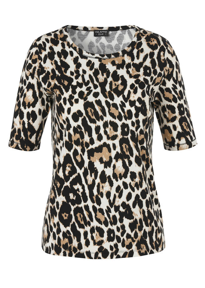 Fein geripptes T-Shirt Leo-Print aus softer Baumwolle schwarz multicolor Frontansicht