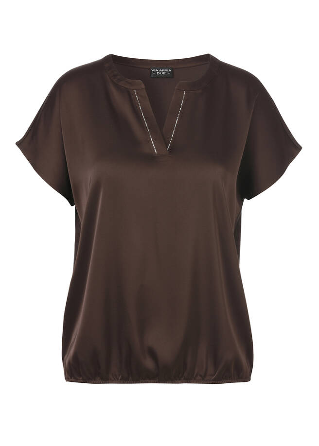 Halbarm-Blusenshirt matt glänzend mit Jersey-Rückteil kaffee Frontansicht