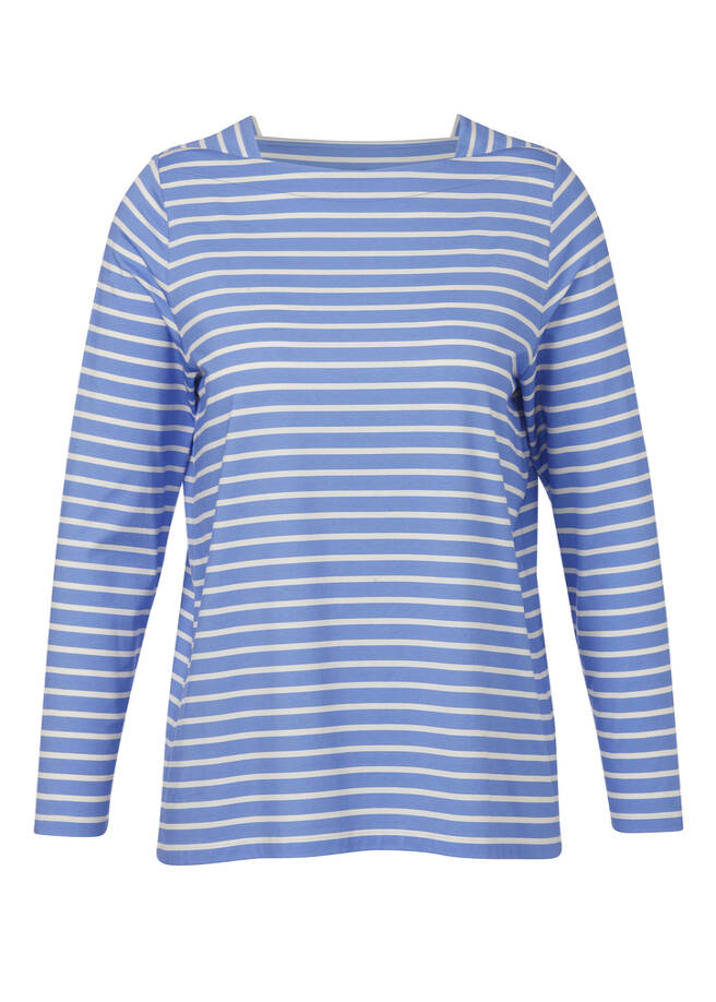 Geringeltes Langarmshirt mit Karree-Ausschnitt blau/creme Frontansicht