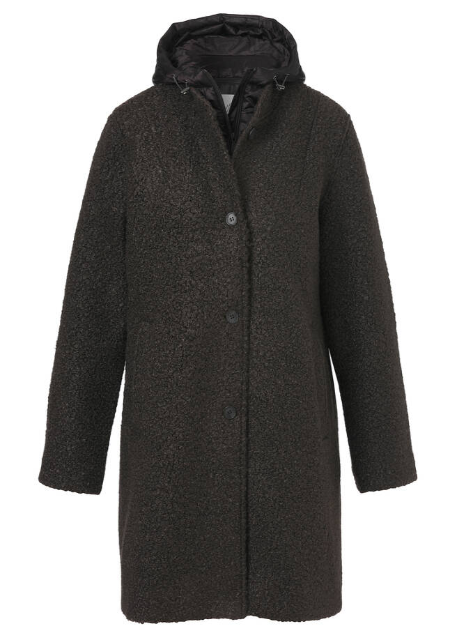 Flauschiger Wintermantel mit Kapuze espresso Frontansicht