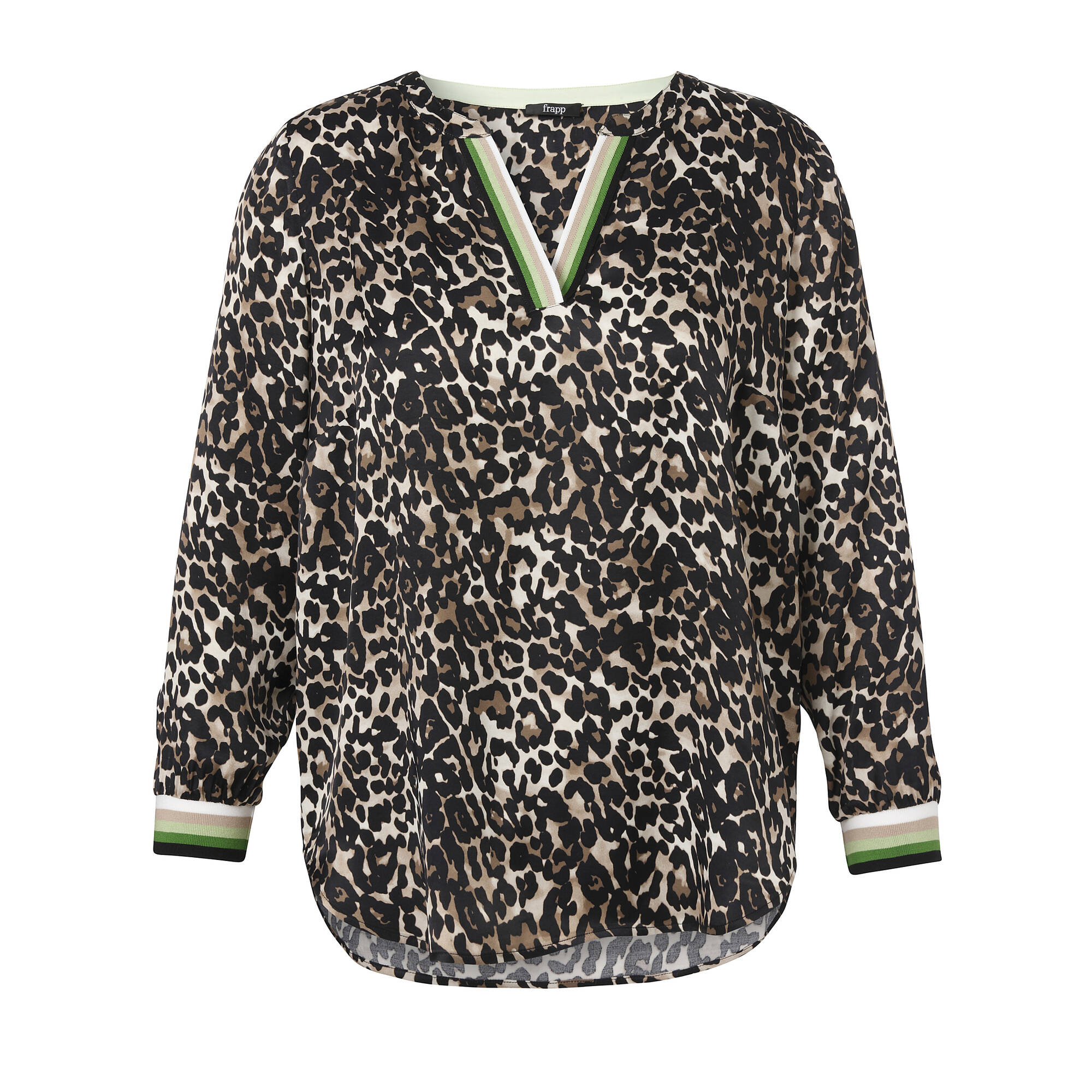 Modern Animal Print Viskosebluse mit farbigen Rippbündchen