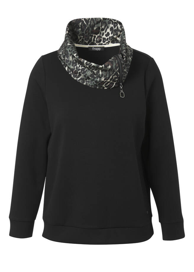 Sweatshirt mit Eyecatcher-Kragen im Leo-Dessin black multicolor Frontansicht