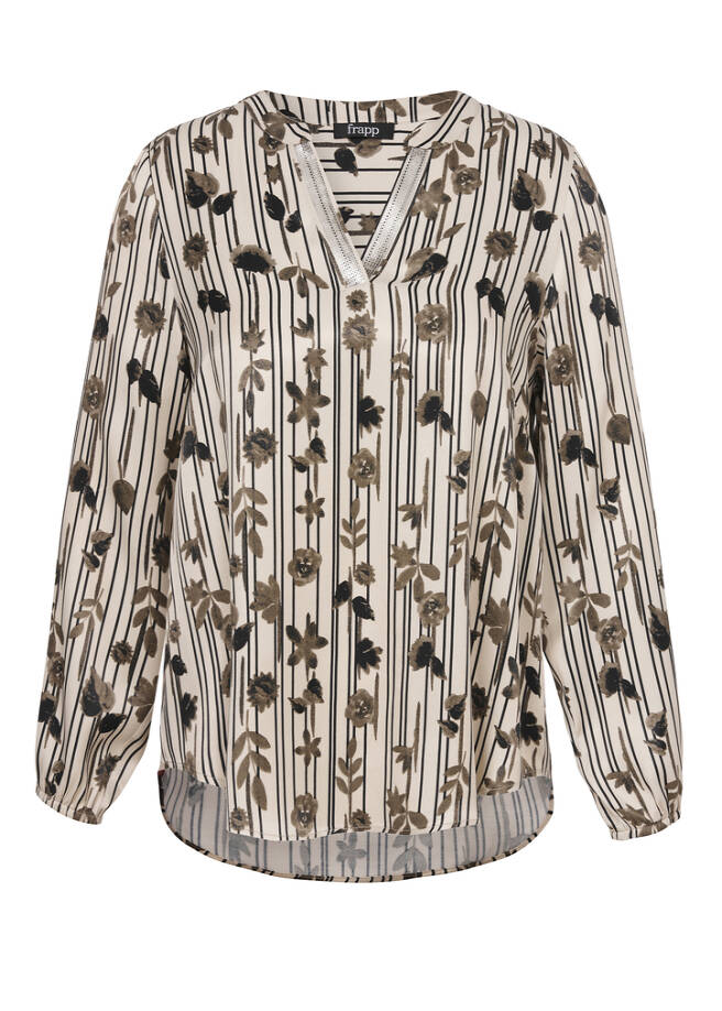 Viskose-Schlupfbluse mit edlem Print bisquit / black Frontansicht