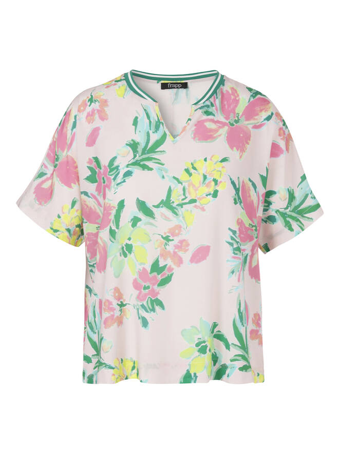 Fließende Viskosebluse Kurzarm mit Print lotus multicolor Frontansicht